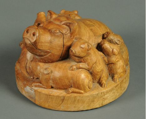 * R. Campbell, wood carving pig group.  Diameter 26 cm, signed in pencil to base.  
