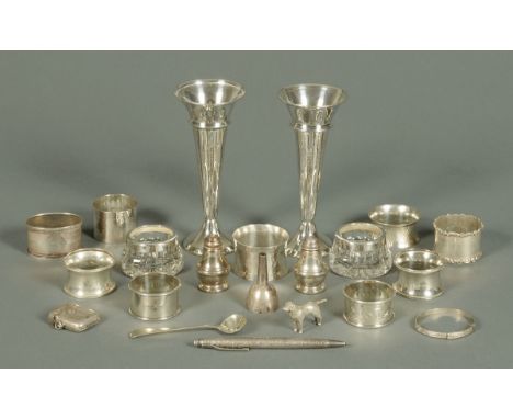A collection of miscellaneous silverware, including pair of silver spill vases, London 1901, height 15 cm, loaded, small salt