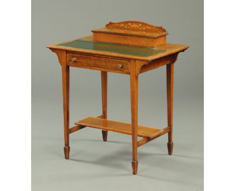 An Edwardian inlaid mahogany ladies desk, with rear stationery compartment, satinwood crossbanded edge, frieze drawer and rai