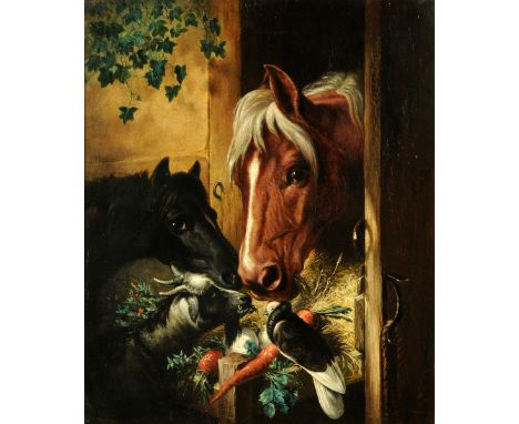 Style of John Frederick Herring, oil painting on canvas, horses and goat feeding.  74 cm x 61 cm, signed (see illustration). 