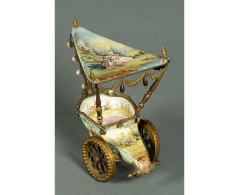 A Venetian enamel and brass chariot, 19th century, handpainted with musicians and other figures.  Length 22 cm.  CONDITION RE
