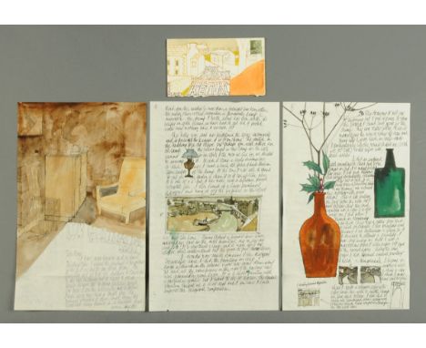 * Percy Kelly, watercolour illustrated letter, room interior, 1973 Christmas Day, the letter further illustrated with Marypor