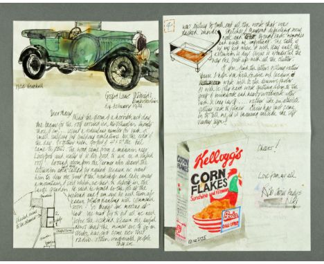 * Percy Kelly, watercolour illustrated letter, 1924 Vauxhall and Kellogg's Cornflakes.  Each page 31.5 cm x 20.5 cm (see illu