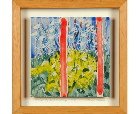 * Jenny Cowern (1943-2005), tile, enamel on steel, "Cow Parsley and Railing 1999".  15 cm square, inscribed verso "Happy Birt