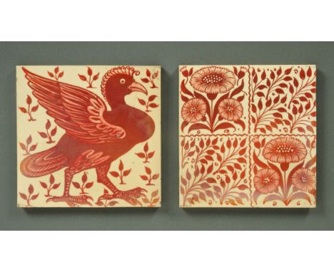 * A Jackfield, Salop, William De Morgan design red lustre tile, with quartered foliate design and impressed factory marks, 15