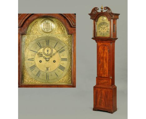 An early 19th century mahogany longcase clock, with swans neck pediment above the arched 12 inch brass dial by Patrick Gordon