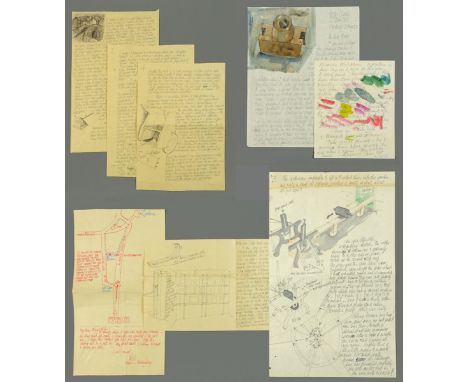 * Percy Kelly, watercolour illustrated letter, camera, Gospel Lane, St. David's, Friday 2nd May 1975, 25 cm x 20 cm, and misc