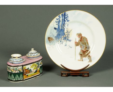 A Russian Kornilov porcelain plate, depicting a vagrant and wolf in wooded landscape, diameter 20 cm, and a 19th century Russ