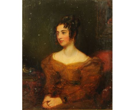 * English School (mid 19th century), oil on board, portrait of a woman seated half length and wearing a red dress, necklace a