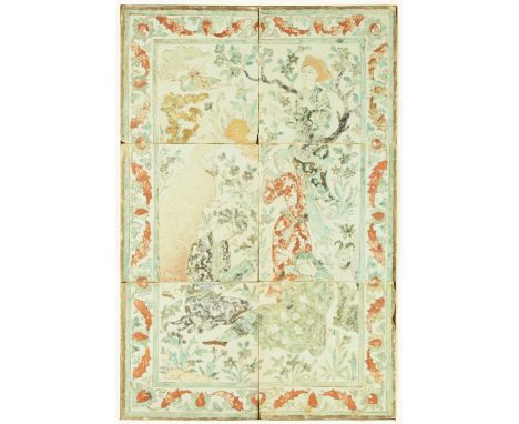 * A Persian six tile plaque, in 17th/18th century style, depicting five figures standing and seated by a blossoming tree, nea