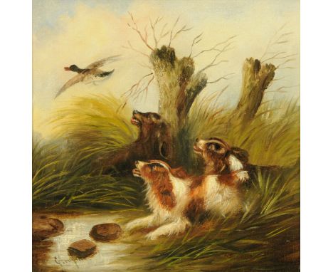 George Armfield (1808-1893), oil painting on canvas, three terriers chasing a mallard duck.  28.5 cm x 28.5 cm (see illustrat