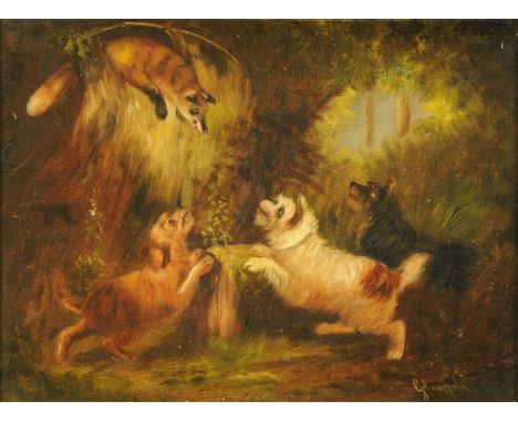 George Armfield (1808-1893), oil painting on canvas, "Trapped, A Fox and Three Terriers".  29 cm x 39 cm (see illustration). 