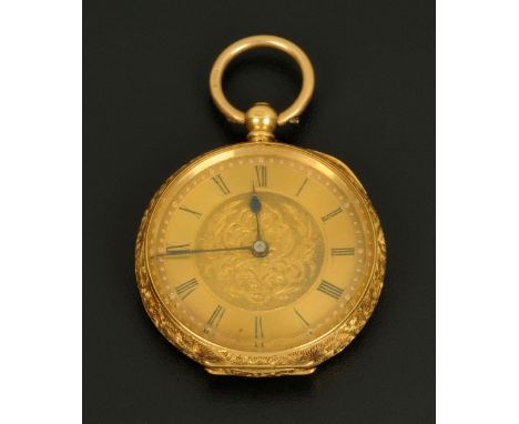 A Continental gold coloured foliate engraved ladies fob watch, stamped "18 K".  Diameter 35 mm. 