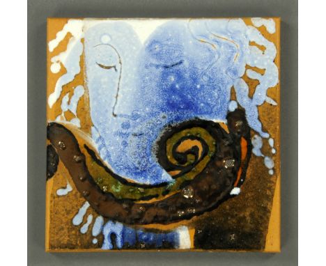 * Maggie Angus Berkowitz, a ceramic tile, glazed and with a face "Beautiful Dreamer".  15 cm square, framed (see illustration