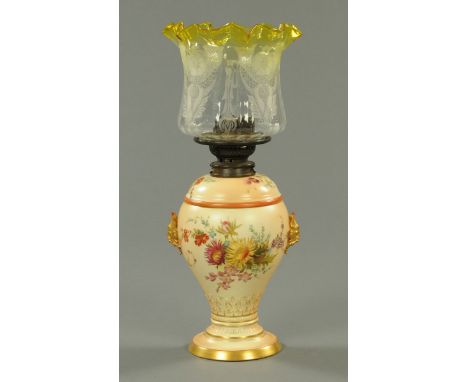 A Royal Worcester blush ivory lamp base, handpainted with floral sprays and with tinted glass shade.  Height 50 cm.  CONDITIO