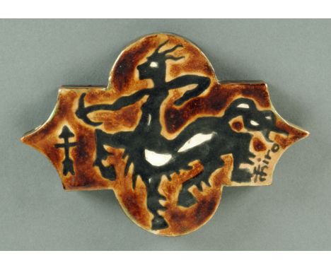 * F. Miro (Taurinya P.O.) France, a pottery tile, painted with a centaur, signed.  13.5 cm x 19 cm. 