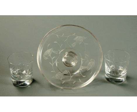 * A pair of Orrefors glass tumblers, engraved with Mary Burkett's initials and a low glass tazza engraved with birds, diamete