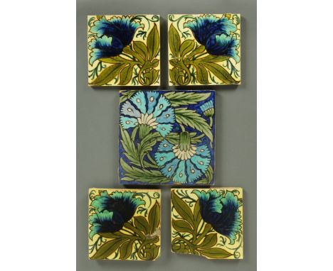* William De Morgan, "Carnation" tiles, in the Isnik style, oval impressed mark, 20.3 cm square, and four other smaller Willi