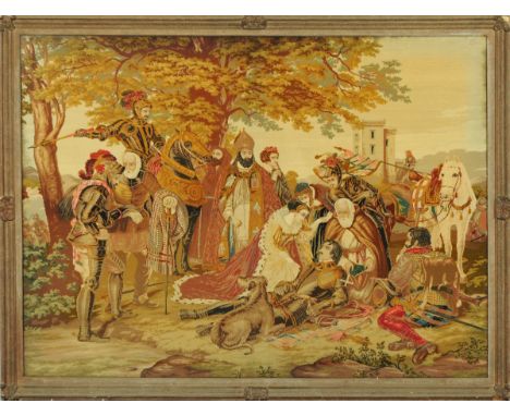 A large 19th century woolwork tapestry, a post battle scene.  125 cm x 167 cm. 