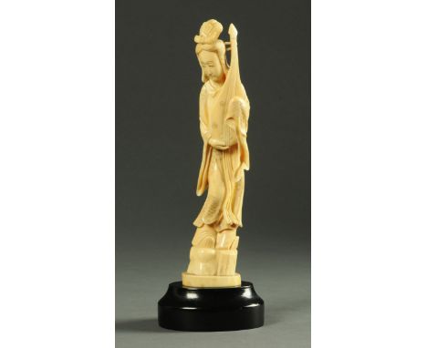 A Chinese carved ivory figure, female with lute, signed to base, late 19th/early 20th century.  Height 25 cm excluding wooden