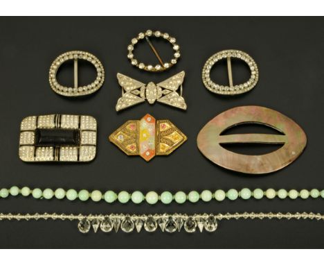 A single strand graduated pale green jade necklace, pair of paste shoe buckles, Art Deco belt buckle, Abalone shell buckle, p