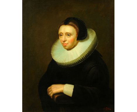 Style of Gertude Hurlbut (d. 1909), oil painting on canvas, portrait of a lady in 17th century dress.  59 cm x 49 cm (see ill