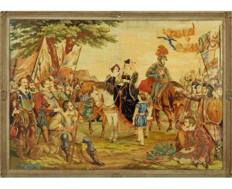 A 19th century woolwork tapestry, soldiers and figures in landscape.  134 cm x 190 cm.  CONDITION REPORT: This tapestry is in