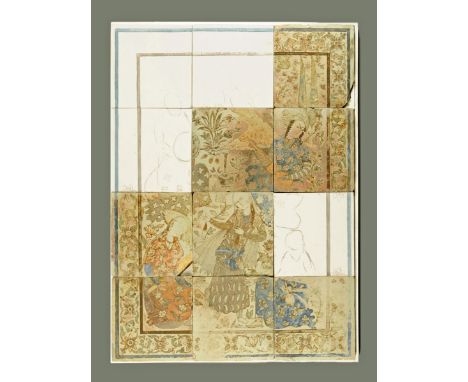 * A group of Turkish/Persian tiles, eight formed in to a group of twelve with four later.  89 cm x 67 cm overall, each tile 2