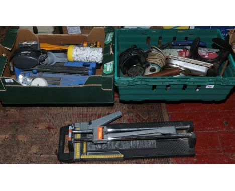 Two boxes of tools to include tile cutters, electric sander, hammer and chisels etc. 