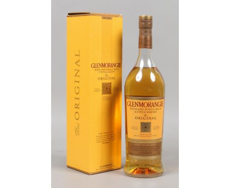 A boxed and sealed 1 litre bottle of Glenmorange 10 year old single malt Scotch Whisky.