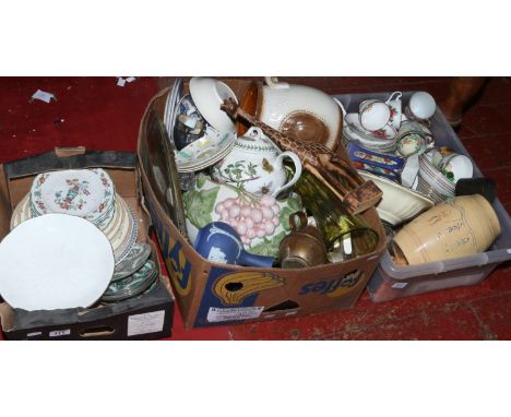 Three boxes of mixed ceramics and glass including Cantonese saucers, Broadhurst saucers and other teawares etc.