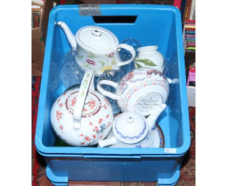 A box of ceramics and glass including Royal Worcester Legends of the Nile cabinet plates, four Compton & Woodhouse teapots an