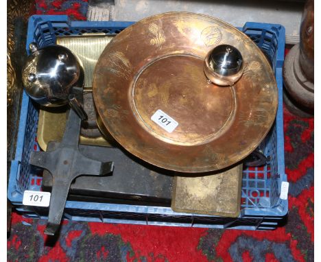 A box of metalwares including set of scales, arts and crafts copper dish and modernist steel teaset etc.