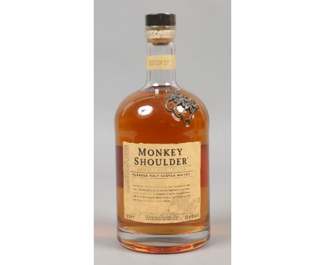 A sealed 1 litre bottle of Monkey Shoulder batch 27 blended malt Scotch Whisky.