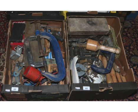Two boxes of tools to include chucks, lamps, chisels etc.