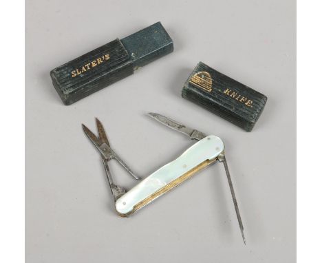 A multi tool folding pocket knife stamped A & N. With mother of pearl scales and Slaters leather mounted case.