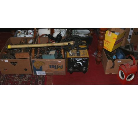 Three boxes of vintage tools plains, spanners, saws, Topweld 140 amp welding set etc.