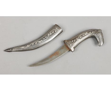 An Indian Mughal style dagger in metal scabbard with white metal inlay and the hilt formed as a horses head.