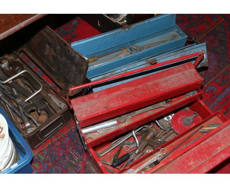 Two steel cantilever tool boxes and ammunition box and contetns of hand tools including spanners, drivers etc.