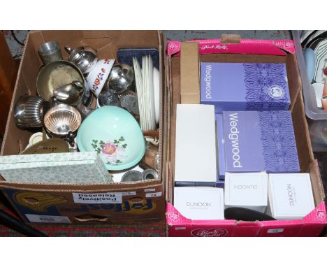 Two boxes of miscellaneous to include silver plate, boxed Wedgwood, Royal Worcester etc.