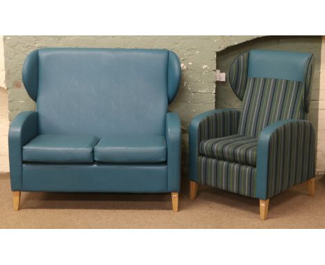 A Shackletons Modena wing back sofa and an armchair upholstered in teal and striped material.