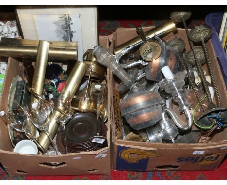 Two boxes of miscellaneous including vintage light fittings, brasswares, pottery, teawares, framed print etc.