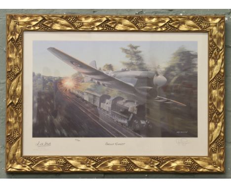 A framed limited edition Ivan Berryman print depicting a Spitfire in combat entitled 'Racing Tempest' signed by L. Stark of 8
