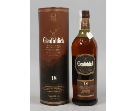 A boxed and sealed 1 litre bottle of Glenfiddich 18 year old small batch single malt Scotch Whisky.