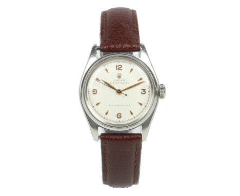 A gentlemans vintage Rolex Oyster Royal stainless steel manual wristwatch. With applied gilt Arabic numeral and teardrop mark