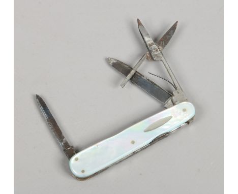 A multi tool folding pocket knife with mother of pearl scales.