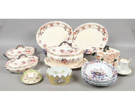 A collection of pottery and china including a set of six Spode soup plates, KPM cup and saucer and Victorian pottery dinner w