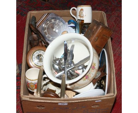 A box of miscellaneous ceramics, glass, barometer and ornaments to include commemorative wares, Crown Devon, art glass etc.