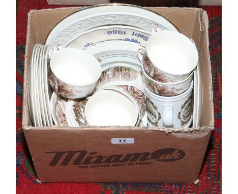 A small collection of commemorative wares to include Haddon Hall four part tea service and four Denby mugs.