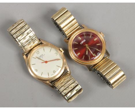 Two Oris gold plated manual bracelet wristwatches one with coloured face and second sweep finger.